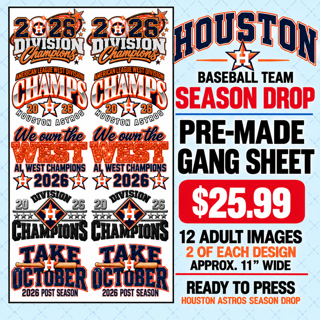 Houston Baseball (AL WEST) Collection  Premade DTF Gang Sheet 22" (Copy)