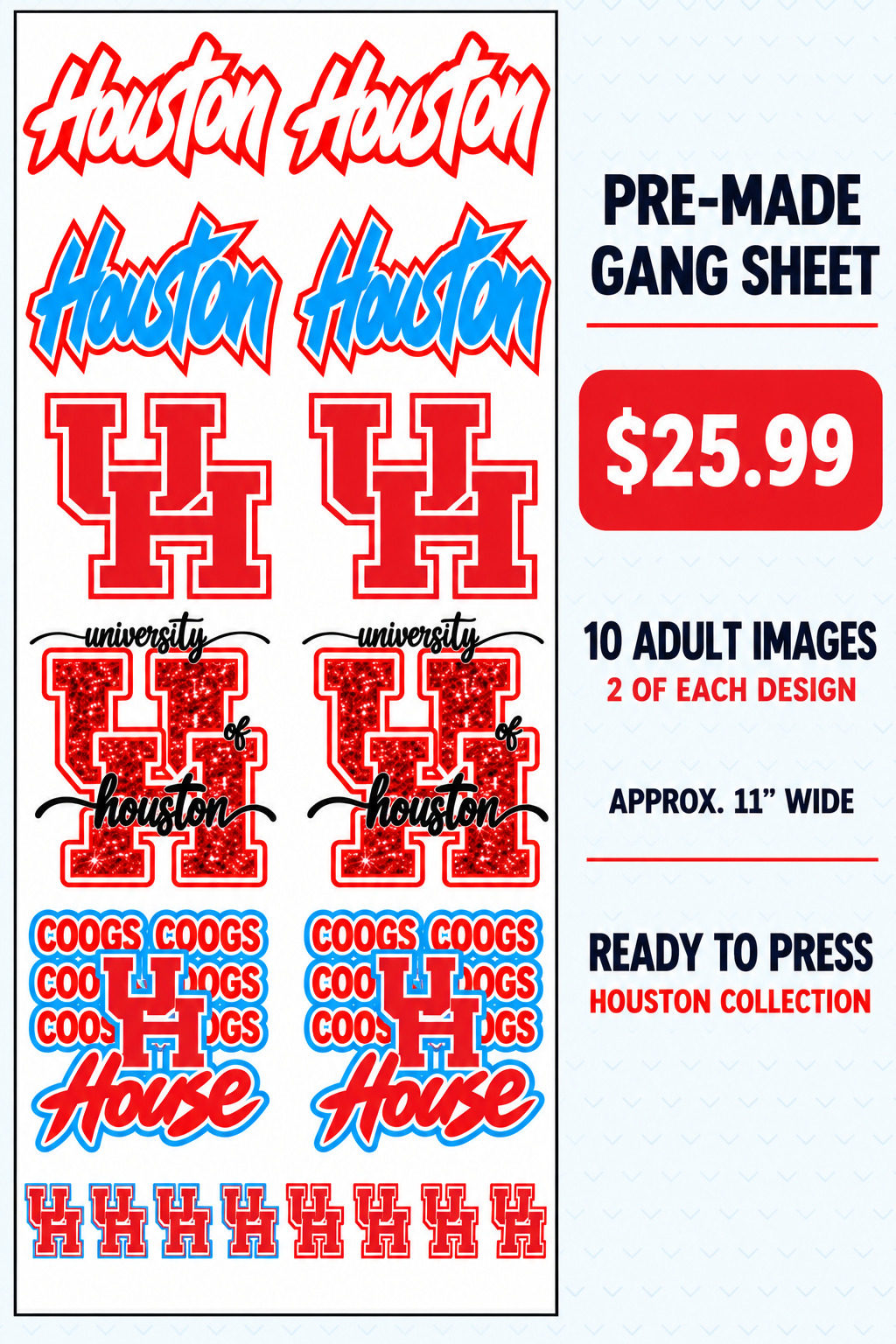 Coogs Football Collection  Premade DTF Gang Sheet